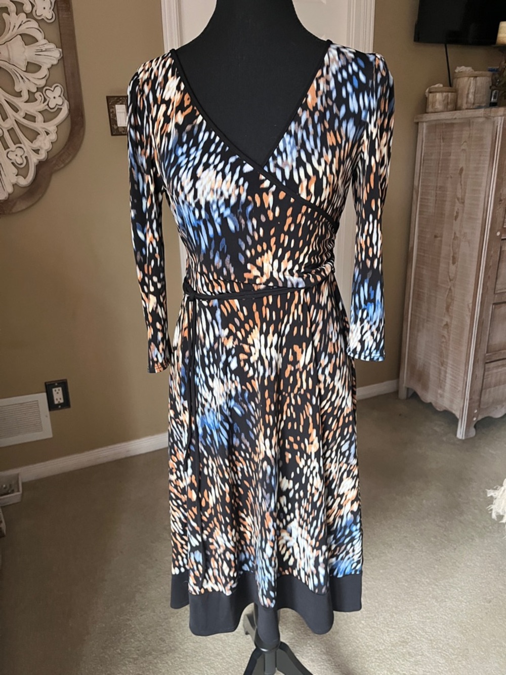 Black Multi-Color Faux-Wrap Midi Dress with Blue and Cream Accents